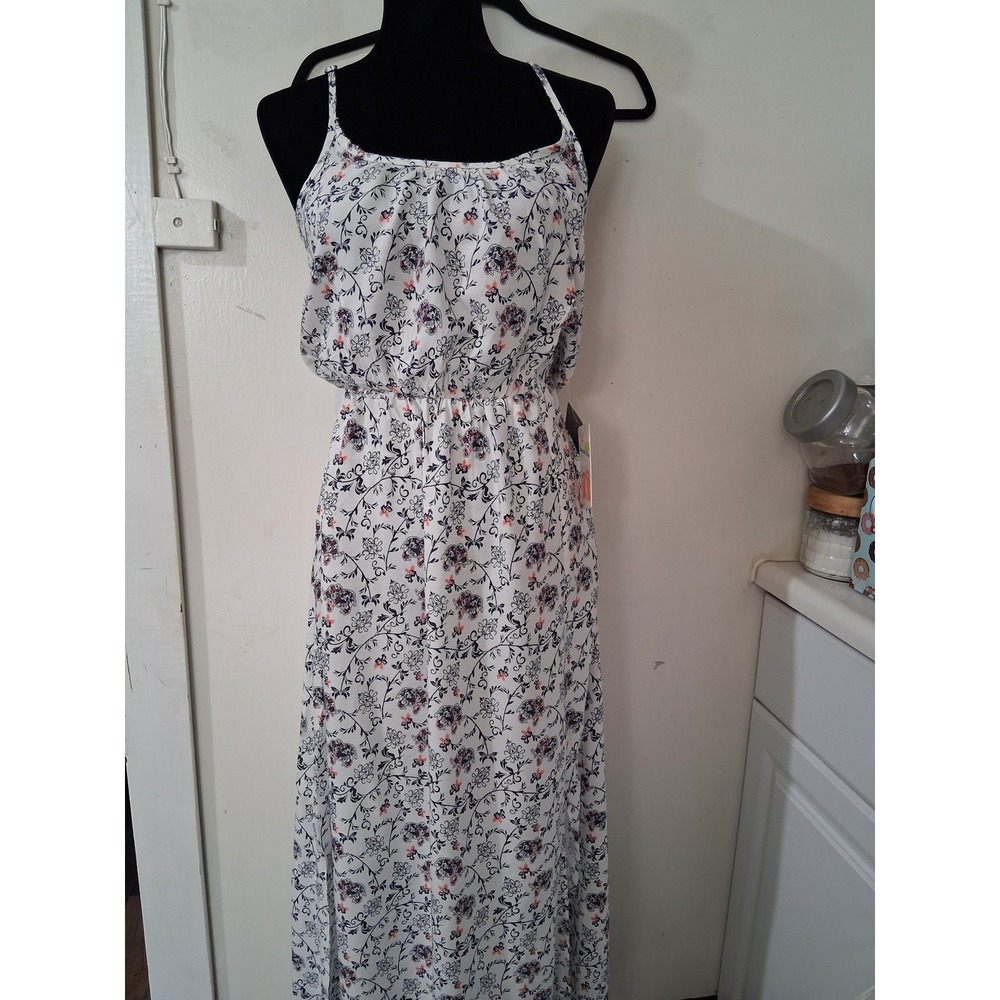 J for Justify Womens Elephant Floral Maxi‎ Dress White Navy Coral Strappy Back M